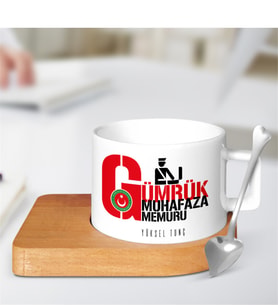 BK Gift Kişiye Özel Mesleki Gümrük Muhafaza Memuru Ahşap Altlıklı Seramik Fincan