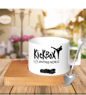 BK Gift Kişiye Özel Mesleki Kick Box Antrenörü Ahşap Altlıklı Seramik Fincan - 2