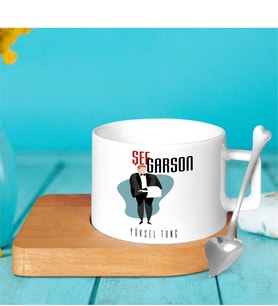 BK Gift Kişiye Özel Mesleki Şef Garson Ahşap Altlıklı Seramik Fincan