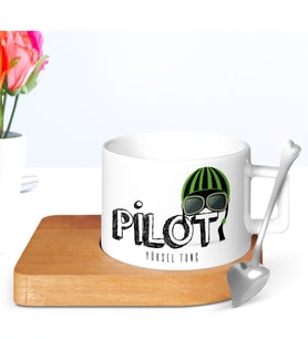 BK Gift Kişiye Özel Mesleki Pilot Ahşap Altlıklı Seramik Fincan