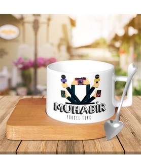 BK Gift Kişiye Özel Mesleki Muhabir Ahşap Altlıklı Seramik Fincan