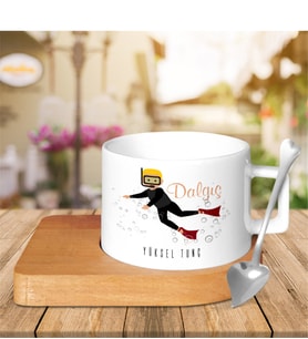 BK Gift Kişiye Özel Mesleki Dalgıç Ahşap Altlıklı Seramik Fincan