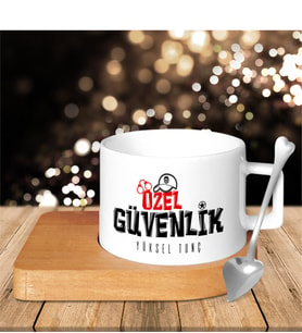 BK Gift Kişiye Özel Mesleki Özel Güvenlik Ahşap Altlıklı Seramik Fincan - 1