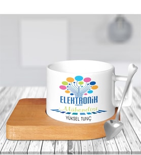BK Gift Kişiye Özel Mesleki Elektronik Mühendisi Ahşap Altlıklı Seramik Fincan - 1