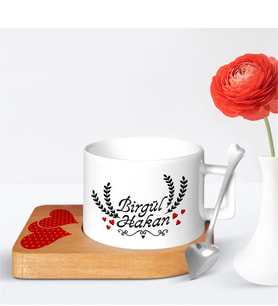 BK Gift Kişiye Özel Sevgililer Günü Tasarımlı Ahşap Altlıklı Seramik Fincan - 32