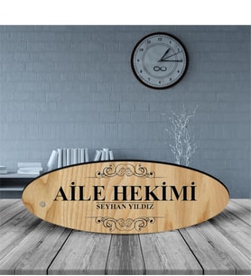 BK Gift Kişiye Özel Mesleki Aile Hekimi Ahşap Oval Masa İsimliği  - 1