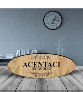 BK Gift Kişiye Özel Mesleki Acentacı Ahşap Oval Masa İsimliği  - 2