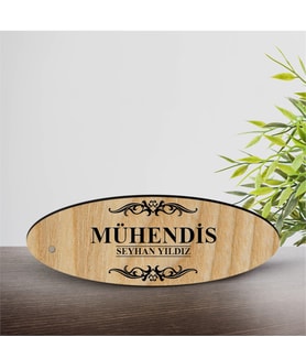 BK Gift Kişiye Özel Mesleki Mühendis Ahşap Oval Masa İsimliği  - 2