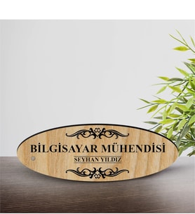 BK Gift Kişiye Özel Mesleki Bilgisayar Mühendisi Ahşap Oval Masa İsimliği  - 2