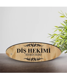 BK Gift Kişiye Özel Mesleki Diş Hekimi Ahşap Oval Masa İsimliği  - 2