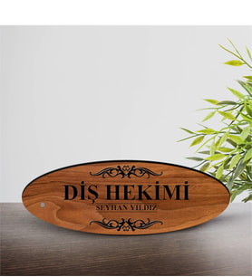 BK Gift Kişiye Özel Mesleki Diş Hekimi Ahşap Oval Masa İsimliği  - 1