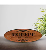 BK Gift Kişiye Özel Mesleki Diş Hekimi Ahşap Oval Masa İsimliği  - 1