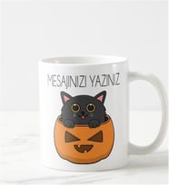 Kedi Ve Bal Kabak Tasarımlı Kişiye Özel Turuncu Kupa