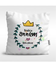 BK Gift Kişiye Özel Kraliçe Annem Tasarımlı Beyaz  Yastık - 1