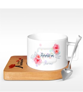 BK Gift Kişiye Özel Bugün Günlerden Canım Annem Tasarımlı Ahşap Altlıklı Seramik Fincan - 1