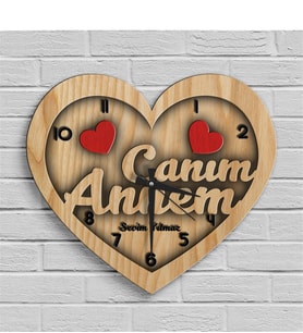 BK Gift Kişiye Özel Canım Annem Tasarımlı Ahşap Kalp Duvar Saati - 7