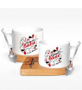 BK Gift Kişiye Özel İkili Anne & Baba Ahşap Altlıklı Seramik Fincan - 6