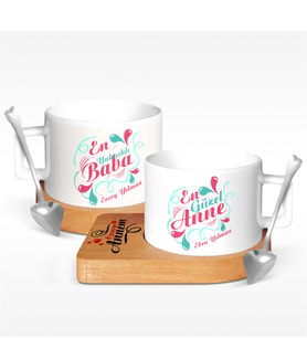 BK Gift Kişiye Özel İkili Anne & Baba Ahşap Altlıklı Seramik Fincan - 4