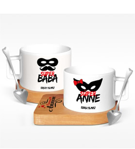 BK Gift Kişiye Özel İkili Anne & Baba Ahşap Altlıklı Seramik Fincan - 1
