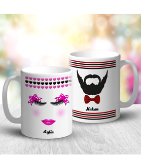 BK Gift Kişiye Özel İkili Bay Ve Bayan Çift Tasarımlı Beyaz Kupa Bardak - 2