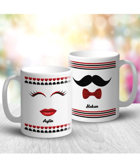 BK Gift Kişiye Özel İkili Bay Ve Bayan Çift Tasarımlı Beyaz Kupa Bardak - 1