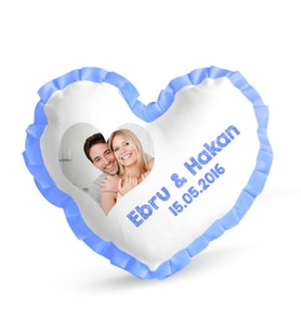 BK Gift Kişiye Özel Mavi Fırfırlı  Kalp Yastık