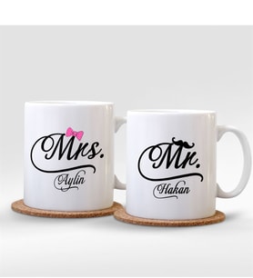 BK Gift Kişiye Özel İkili Mr. & Mrs. Beyaz Kupa Bardak - 003