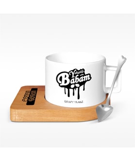 BK Gift Kişiye Özel Yakışıklı Babam Tasarımlı Ahşap Altlıklı Seramik Fincan - 3