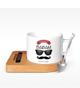 BK Gift Kişiye Özel Yakışıklı Babam Tasarımlı Ahşap Altlıklı Seramik Fincan - 2