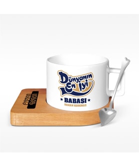 BK Gift Kişiye Özel Dünyanın En İyi Babası Tasarımlı Ahşap Altlıklı Seramik Fincan - 3