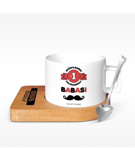 BK Gift Kişiye Özel Dünyanın 1 Numaralı Babası Tasarımlı Ahşap Altlıklı Seramik Fincan - 1