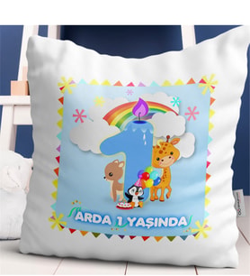 BK Gift Kişiye Özel 1. Yaş Tasarımlı Erkek Bebek Dekoratif Beyaz Yastık - 1