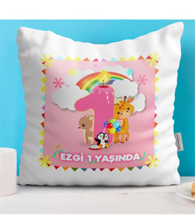 BK Gift Kişiye Özel 1. Yaş Tasarımlı Kız Bebek Dekoratif Beyaz Yastık - 1