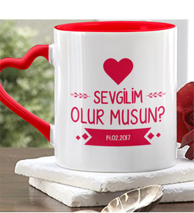 BK Gift Kişiye Özel Sevgilim Olur Musun Kırmızı Kalpli Kupa Bardak