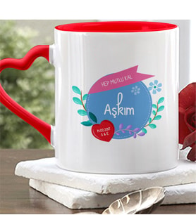 BK Gift Kişiye Özel Hep Mutlu Kal Aşkım Kırmızı Kalpli Kupa Bardak