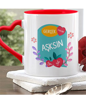 BK Gift Kişiye Özel Gerçek Aşksın Kırmızı Kalpli Kupa Bardak