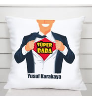 Süper Baba İsimli Kare Yastık (Beyaz)