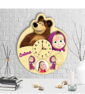 BK Gift Kişiye Özel Masha And The Bear Tasarımlı Dekoratif Ahşap Duvar Saati