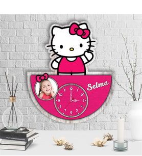 BK Gift Kişiye Özel Hello Kitty Tasarımlı Dekoratif Ahşap Duvar Saati