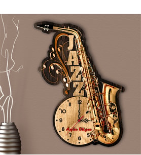 BK Gift Kişiye Özel Jazz Saksafon Tasarımlı Dekoratif Ahşap Duvar Saati