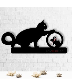 BK Gift Kişiye Özel Kedi Tasarımlı Ahşap Duvar Saati - 4