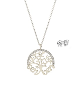 Gümüş Kaplama Zirkon Taşlı Sen Ben Yazılı Kolye Küpe Set Ps0657