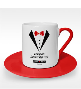 BK Gift Kişiye Özel Damat Kahvesi Tasarımlı Kırmızı Türk Kahvesi Fincanı - 5