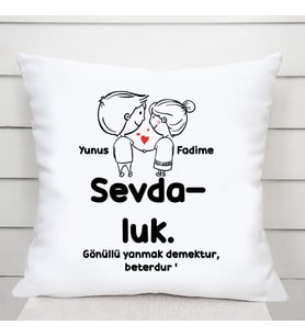 Sevdaluk İsimli Saten Kare Yastık (Beyaz)