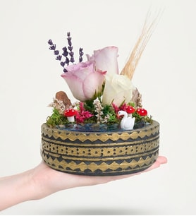 Ring Saksıda Lila ve Beyaz Gül & Lavanta Teraryum