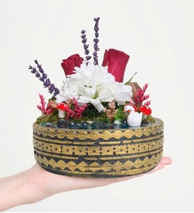 Ring Saksıda Kırmızı & Beyaz Gül & Papatya Teraryum