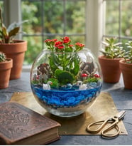 Cam Fanusta Kırmızı Kalanchoe Tasarım Teraryum