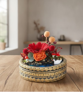 Ring Saksıda Kırmızı Gerbera & Turuncu Gül Teraryum