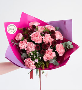 Lila Bukette Pembe Karanfiller ve Bordo Krizantem