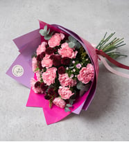 Lila Bukette Pembe Karanfiller ve Bordo Krizantem